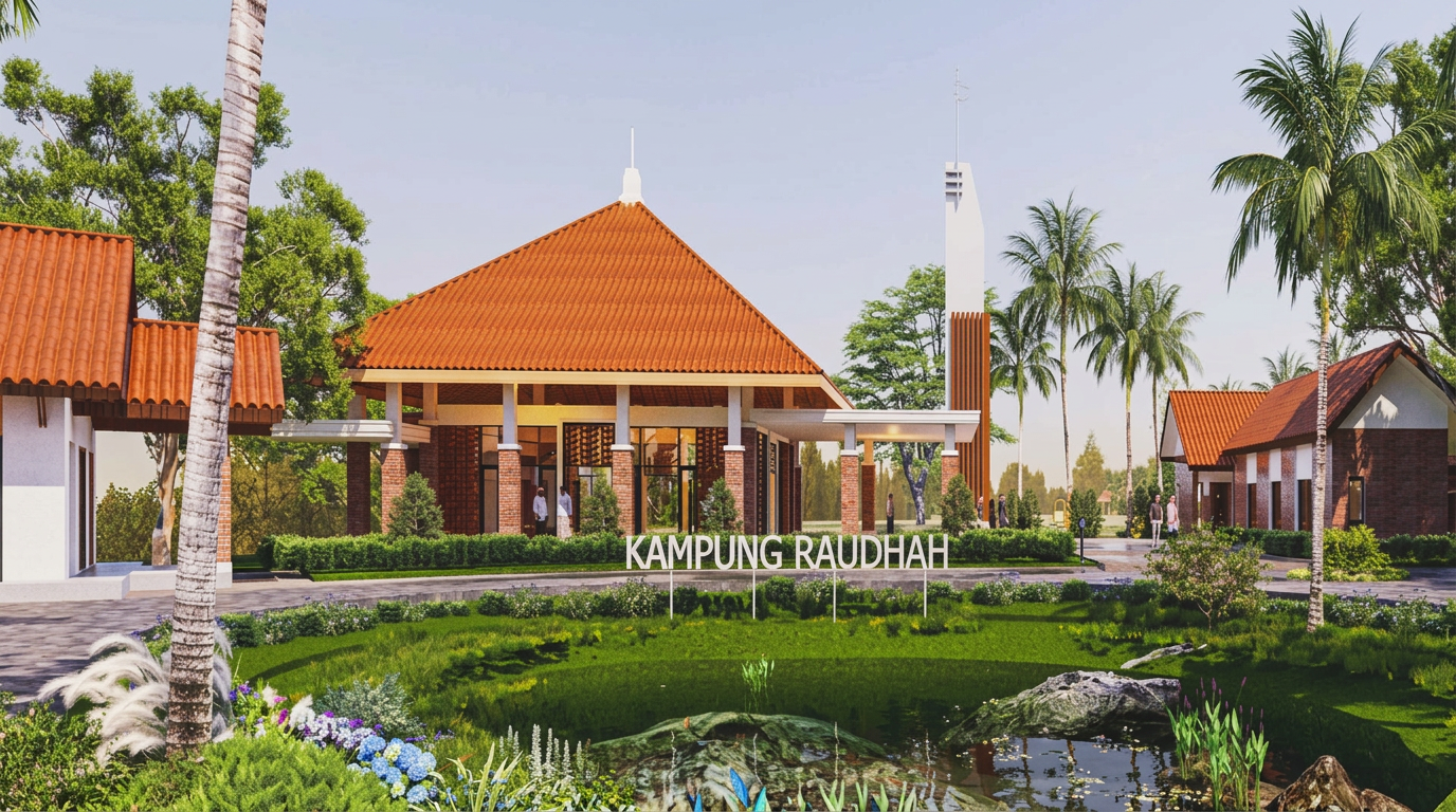 Ilustrasi kawasan Kampung Raudhah dengan masjid, villa, dan taman tropis yang asri